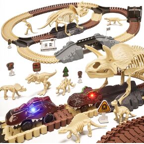 OR OR TU 2024 New Dinosaur Toys Race Track, 188 PCS Dinosaur Train Set for Kids 3-5 5-7, 2pcs Dinosaur Car with Light, 8pcs Dinosaur Fossil Skeletons for Toddlers
