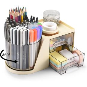 Rotating Desk Organizer with 2 Drawer, Pencil Pen Holder for Desk, Desk Organizers and Accessories with 4 Compartments + Drawer for Office Home Art Supplies (White)