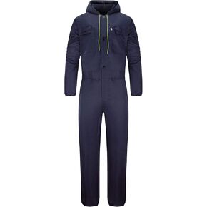 Mens Cotton Blend Long Sleeve Coverall Multi Pockets Zip Overall Mechanic Work Jumpsuit with Hood