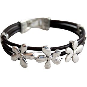 Multiple Layers Leather Rope Bracelet For Women Men Flower Charm Bangle Flower Leather Rope Wristband Jewelry