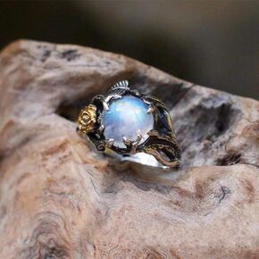 Vintage Moonstone Flower Ring for Women, Dainty Natural Ice Jade Stone Jewelry, Gemstone Cut Halo Solitaire Engagement Wedding Cocktail Ring Gift for Couple Jewelry-Making-Patterns Size 9