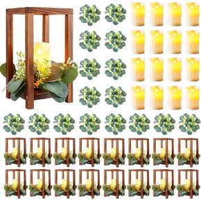48 Pcs/16 Set Wedding Lantern Centerpiece for Table-Wooden Candle Lantern Bulk Includes 16 Farmhouse Wooden Candle Holder 16 Flameless LED Candles 16 Eucalyptus Leaves Wreath for Decoration