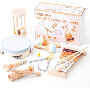 Baby Musical Instruments-Montessori Wooden Toys for Toddlers 1-3, 7-Piece Set of Neutral Colors Percussion Instruments Set with Modern Boho Xylophone for Kids Preschool Educational Birthday Gifts 3+
