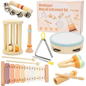 8 Set Baby Musical Instruments Montessori Wooden Percussion Toys for Toddlers Neutral Colors Xylophone with Gift Box for 1 Year Old Boy Girl Christmas Birthday Gift
