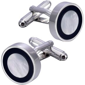 Natural Mother of Pearl Men's Cufflinks with Dark Blue Circle In Gift Case Silver Round Cufflinks for Men Jewelry for Wedding Party Business Birthday Anniversary Dress