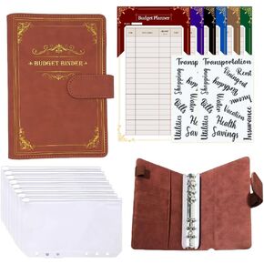 A6 PU Leather Budget Binder with Zipper Cash Envelopes, Expense Sheets & Category Labels| Money Saving Binder & Money Organizer for Cash Budgeting & Saving Money| Cash Envelope Wallet