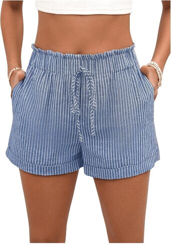 SweatyRocks Women's Striped Pattern Drawstring Waist Shorts Wide Leg Summer Shorts with Pockets in Saudi Arabia