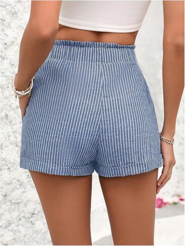 SweatyRocks Women's Striped Pattern Drawstring Waist Shorts Wide Leg Summer Shorts with Pockets in Saudi Arabia