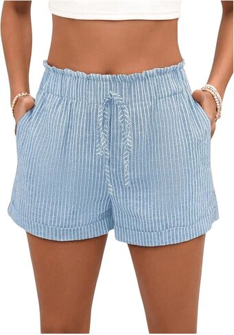 SweatyRocks Women's Striped Pattern Drawstring Waist Shorts Wide Leg Summer Shorts with Pockets in Saudi Arabia