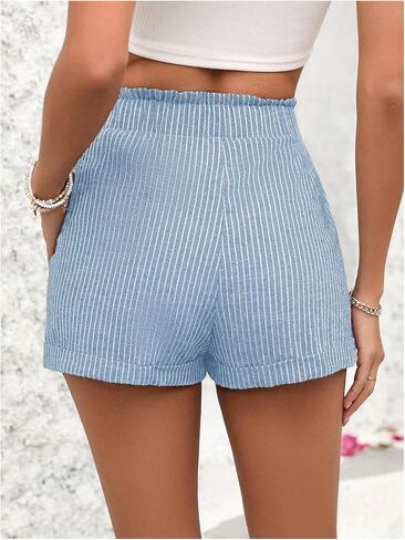 SweatyRocks Women's Striped Pattern Drawstring Waist Shorts Wide Leg Summer Shorts with Pockets in Saudi Arabia
