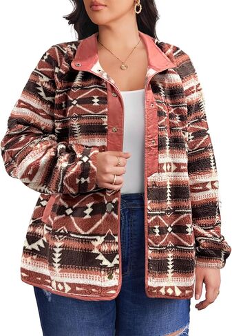 IN'VOLAND Plus Size Womens Fleece Jacket Western Aztec Print Long Sleeve Snap Button Down Shacket with Pockets in Saudi Arabia