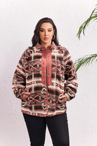 IN'VOLAND Plus Size Womens Fleece Jacket Western Aztec Print Long Sleeve Snap Button Down Shacket with Pockets in Saudi Arabia