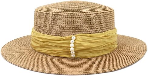 Womens Flat Top Straw Hat Wide Brim Floppy Fedora Summer Beach Sun Hat Sunshade Ladies Sun Hat in Kuwait