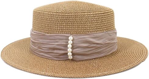 Womens Flat Top Straw Hat Wide Brim Floppy Fedora Summer Beach Sun Hat Sunshade Ladies Sun Hat in Kuwait