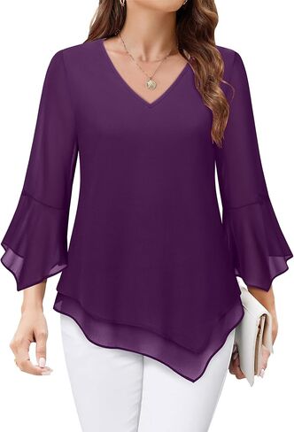 Furnex Blouses for Women Dressy Casual 3/4 Ruffle Sleeve V Neck Chiffon Double Layers Business Casual Tops for Women in Saudi Arabia