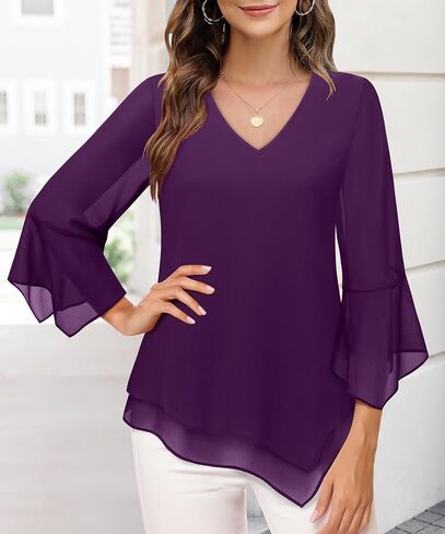 Furnex Blouses for Women Dressy Casual 3/4 Ruffle Sleeve V Neck Chiffon Double Layers Business Casual Tops for Women in Saudi Arabia