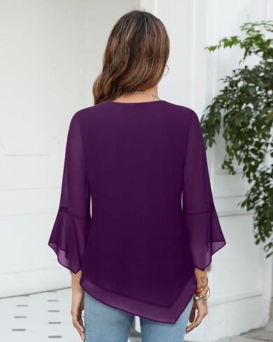 Furnex Blouses for Women Dressy Casual 3/4 Ruffle Sleeve V Neck Chiffon Double Layers Business Casual Tops for Women in Saudi Arabia