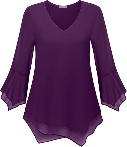 Furnex Blouses for Women Dressy Casual 3/4 Ruffle Sleeve V Neck Chiffon Double Layers Business Casual Tops for Women in Saudi Arabia