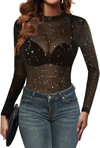 Zeagoo Mesh Top Women Long Sleeve Shirts See Through Party Layering Mock Neck 2024 Fall Sheer Undershirt in Saudi Arabia