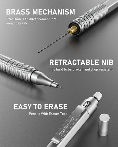 Nicpro 0.5 & 0.7 & 0.9 mm Metal Mechanical Pencil Set with Case, 6PCS MP1000 Artist Lead Pencil with 12 Tubes HB & 2B Lead Refills, 3 Erasers For Architect Art Writing Drafting Sketching Drawing in Saudi Arabia