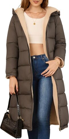 Women's Long Puffer Coat Hooded Zip Up Fleece Jackets with Pockets Winter Outerwear Quilted Coats Clothes Trendy 2024 in Saudi Arabia