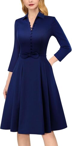 VFSHOW Womens 2024 Business Work Office Collar V Neck Bow Belted Pockets Buttons Slim Vintage Fit and Flare A Line Dress in Saudi Arabia
