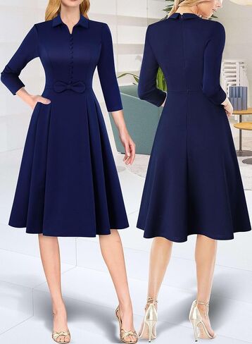 VFSHOW Womens 2024 Business Work Office Collar V Neck Bow Belted Pockets Buttons Slim Vintage Fit and Flare A Line Dress in Saudi Arabia