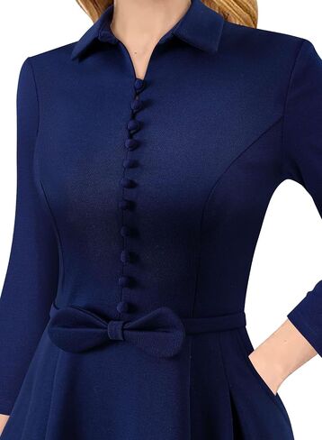 VFSHOW Womens 2024 Business Work Office Collar V Neck Bow Belted Pockets Buttons Slim Vintage Fit and Flare A Line Dress in Saudi Arabia
