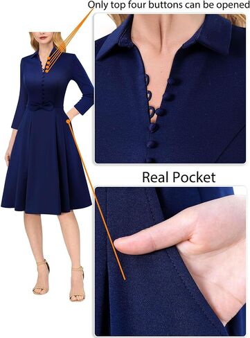 VFSHOW Womens 2024 Business Work Office Collar V Neck Bow Belted Pockets Buttons Slim Vintage Fit and Flare A Line Dress in Saudi Arabia
