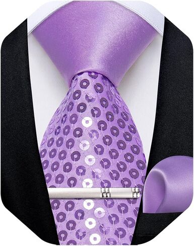 DiBanGu Mens Sequin Tie Set Solid Color Necktie and Pocket Square Tie Clip Set Shiny Slim Ties for Wedding Party in Saudi Arabia