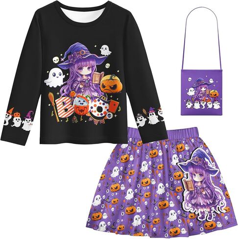 LQSZ Halloween Girls Skirt Sets Dress Cat Pumpkin Tops Long Sleeves Tutu Skirts with Bag Outfits for 2-12Y Toddler Party Wear in Saudi Arabia