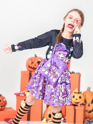 LQSZ Halloween Girls Skirt Sets Dress Cat Pumpkin Tops Long Sleeves Tutu Skirts with Bag Outfits for 2-12Y Toddler Party Wear in Saudi Arabia