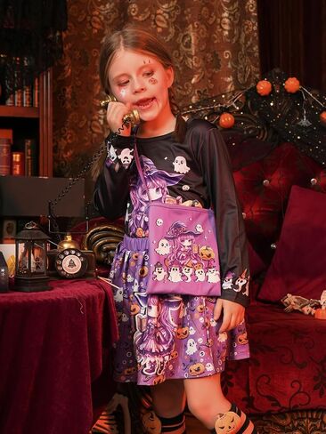 LQSZ Halloween Girls Skirt Sets Dress Cat Pumpkin Tops Long Sleeves Tutu Skirts with Bag Outfits for 2-12Y Toddler Party Wear in Saudi Arabia