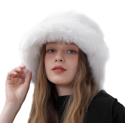 Peicees Winter Bucket Hat for Women Girls Fur Russian Ushanka Ladies Fluffy Snow Hat Fuzzy Fisherman Cap Warm Cute in Saudi Arabia