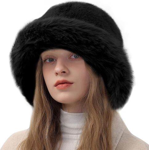 Peicees Winter Bucket Hat for Women Girls Fur Russian Ushanka Ladies Fluffy Snow Hat Fuzzy Fisherman Cap Warm Cute in Saudi Arabia