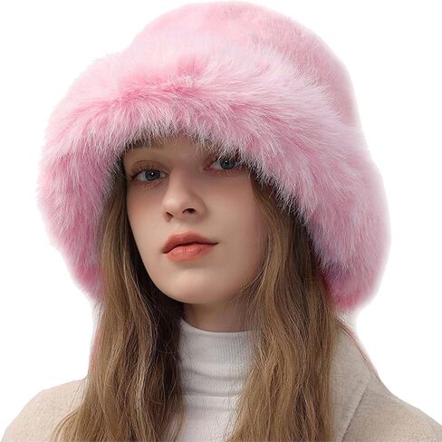 Peicees Winter Bucket Hat for Women Girls Fur Russian Ushanka Ladies Fluffy Snow Hat Fuzzy Fisherman Cap Warm Cute in Saudi Arabia