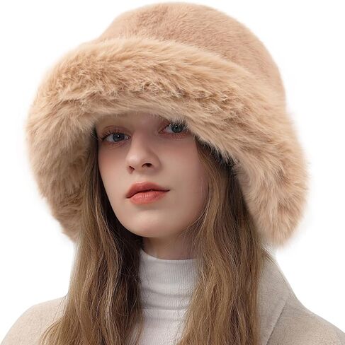 Peicees Winter Bucket Hat for Women Girls Fur Russian Ushanka Ladies Fluffy Snow Hat Fuzzy Fisherman Cap Warm Cute in Saudi Arabia