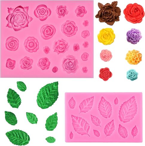Rose Flowers and Leaves Fondant Silicone Candy Molds Set For Sugarcraft Cake Decor, Cupcake Toppers, Soap Wax, Polymer Clay, Making Crafting Projects in Saudi Arabia