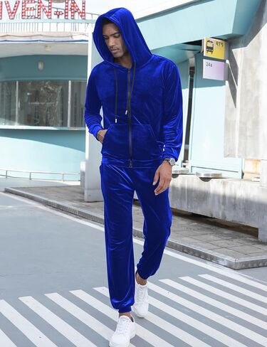 LecGee Mens Tracksuit Long Sleeve Full Zip Velour Hoodie Jacket Jogger Sweatpants Casual Velvet Sweatsuits Set M-3XL in Kuwait