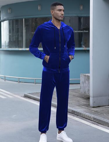 LecGee Mens Tracksuit Long Sleeve Full Zip Velour Hoodie Jacket Jogger Sweatpants Casual Velvet Sweatsuits Set M-3XL in Kuwait