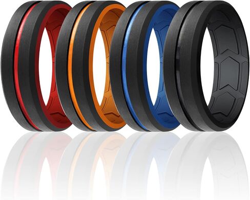 خاتم زفاف من مطاط السيليكون للرجال من ROQ، مقاس مريح، خاتم زفاف للرجال، تهوية معززة، أخاديد على شكل سهم داخلي مزدوج الحواف، عرض 8 مم وسمك 2 مم، عبوات متعددة، ألوان متعددة in Kuwait