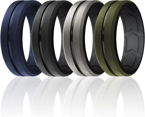 ROQ Silicone Rubber Wedding Ring for Men, Comfort Fit, Men's Wedding Band, Enhanced Breathability, Beveled Edge Duo Inner Arrow Shape Grooves, 8mm Wide 2mm Thick, Multi Packs, Multi Colors in Saudi Arabia