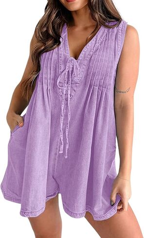 Womens Casual Sleeveless Tie Front Denim Romper Overall Shorts Summer Jean Romper With Pocket in Saudi Arabia