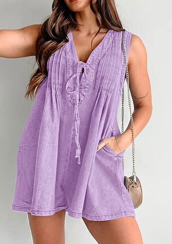 Womens Casual Sleeveless Tie Front Denim Romper Overall Shorts Summer Jean Romper With Pocket in Saudi Arabia