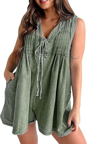 Womens Casual Sleeveless Tie Front Denim Romper Overall Shorts Summer Jean Romper With Pocket in Saudi Arabia