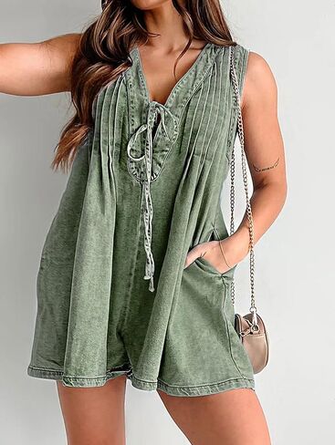 Womens Casual Sleeveless Tie Front Denim Romper Overall Shorts Summer Jean Romper With Pocket in Saudi Arabia
