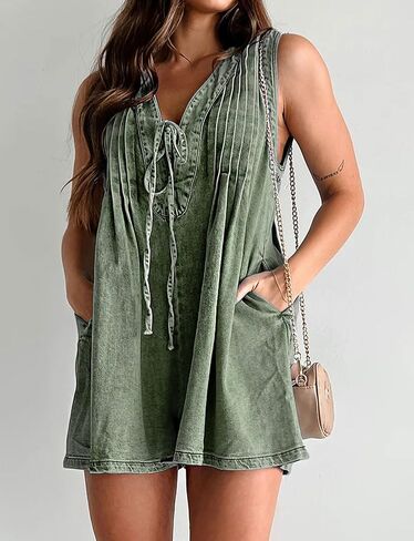 Womens Casual Sleeveless Tie Front Denim Romper Overall Shorts Summer Jean Romper With Pocket in Saudi Arabia