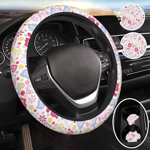 Cute Cartoon Car Accessories Thickened Steering Wheel Cover, with 2 Pieces Car Coasters Women Men Car Steering Wheel Covers Protector Universal 15 Inch (BIACK A) in Saudi Arabia