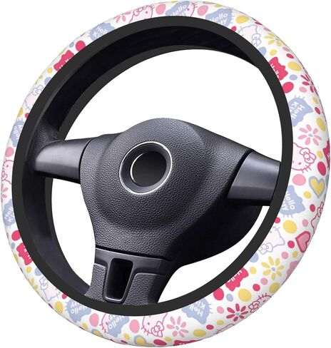 Cute Cartoon Car Accessories Thickened Steering Wheel Cover, with 2 Pieces Car Coasters Women Men Car Steering Wheel Covers Protector Universal 15 Inch (BIACK A) in Saudi Arabia