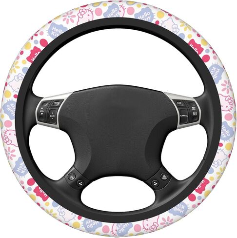 Cute Cartoon Car Accessories Thickened Steering Wheel Cover, with 2 Pieces Car Coasters Women Men Car Steering Wheel Covers Protector Universal 15 Inch (BIACK A) in Saudi Arabia